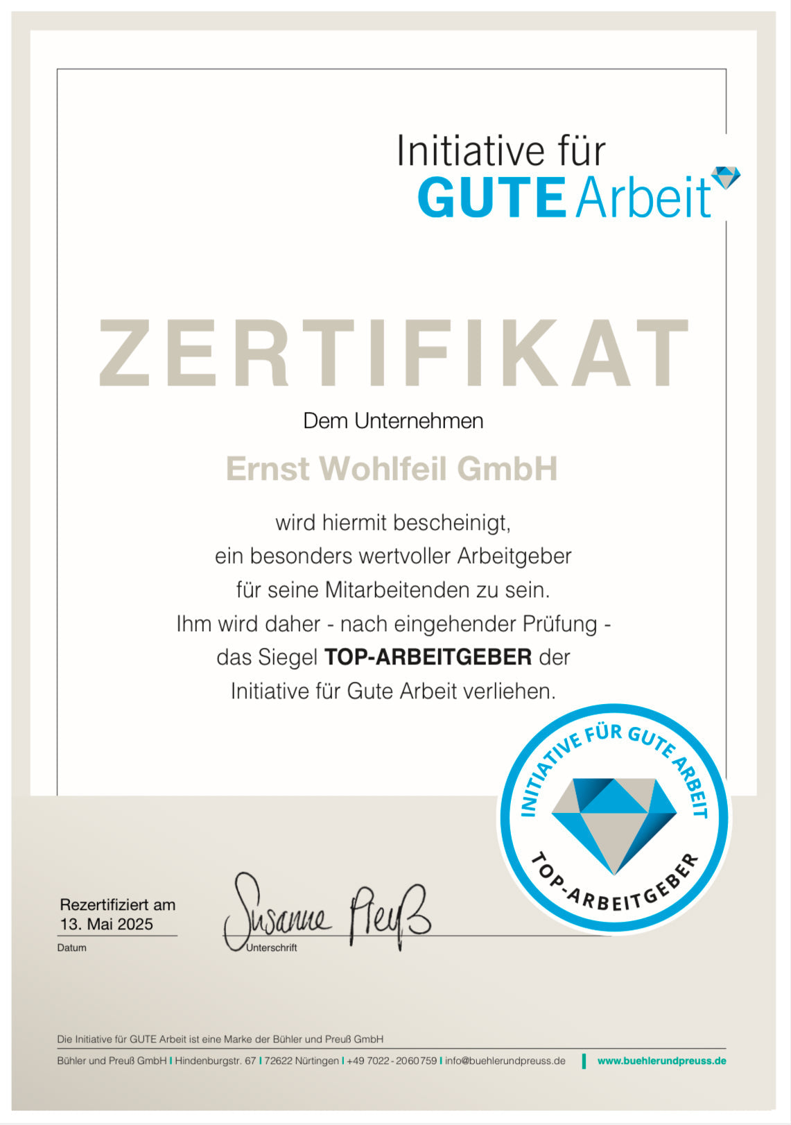 Ernst Wohlfeil GmbH als TOP-ARBEITGEBER ausgezeichnet - Karlsruhe