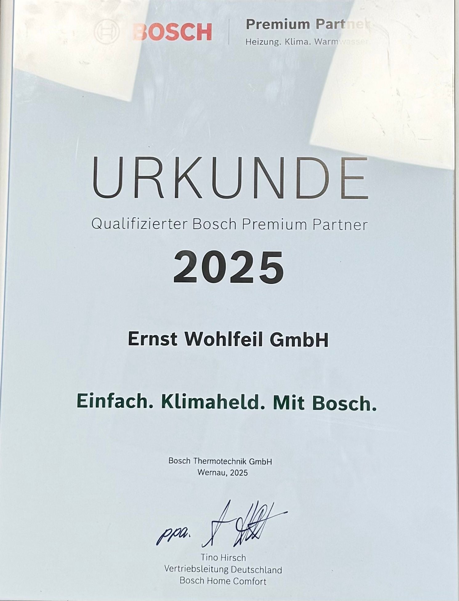 Bosch Premium Partner 2025 – Wohlfeil GmbH erneut ausgezeichnet als Klimaheld aus Karlsruhe!